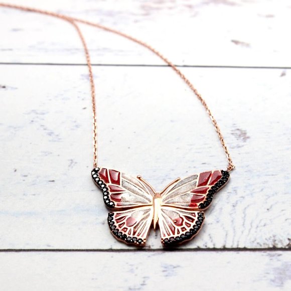 BUTTERFLY BLACK CZ RED ENAMEL NECKLACE - Picture 1 of 3